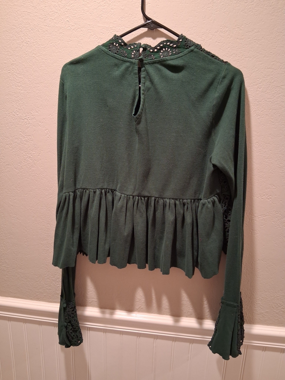 Free People Emerald Green Crochet Lace Long-Sleeve Blouse - Picture 3 of 4